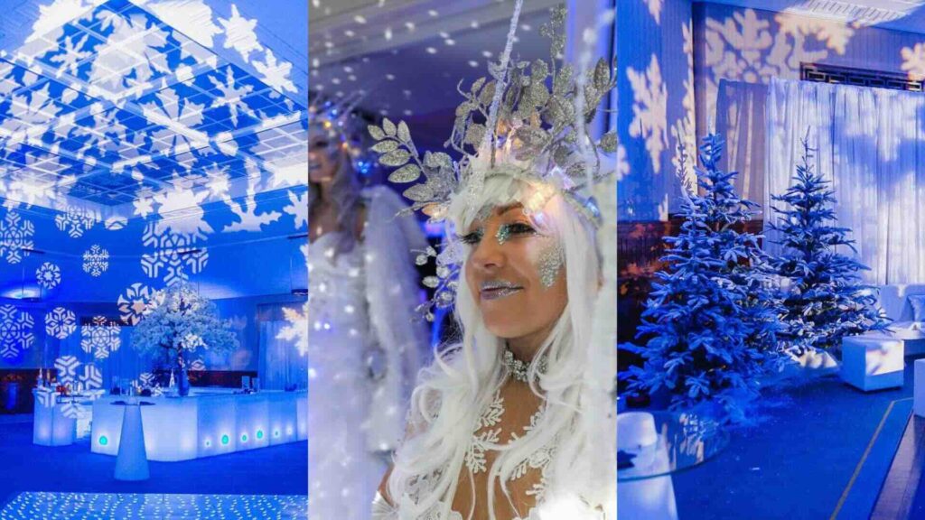 A collage of Winter entertainment and theming at events for Seasonal Brand Activations