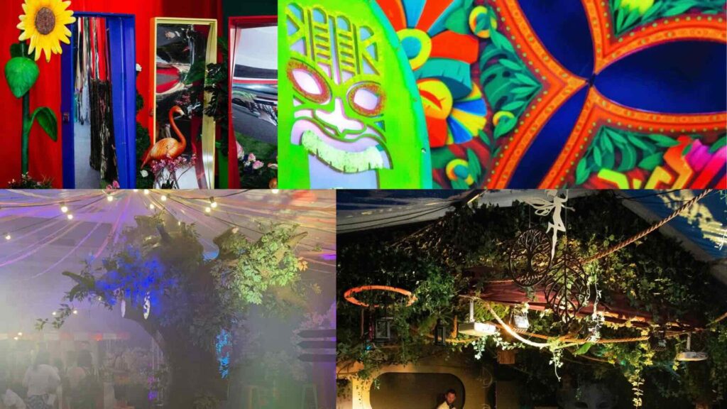 Collage of sustainable event props including upcycled mirros and more.