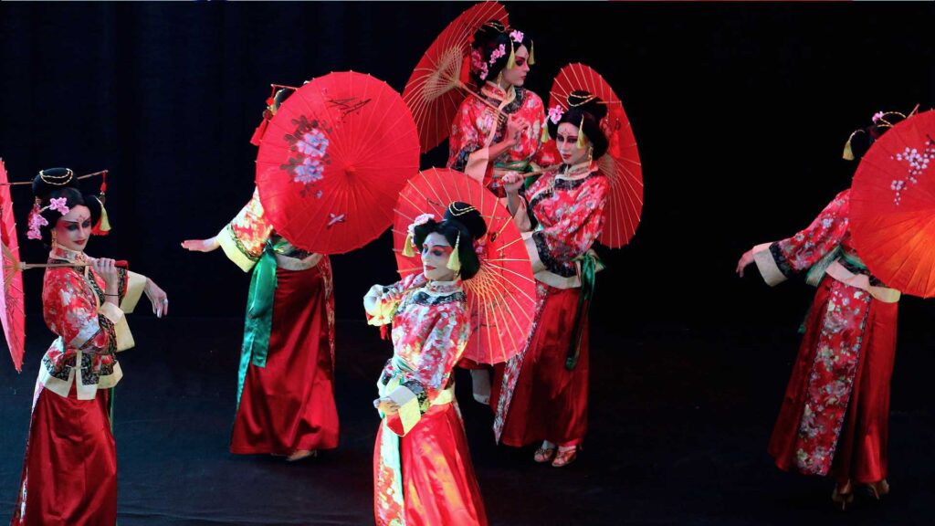 Oriental umbrella dancers putting on a performance for a Chinese New Year event