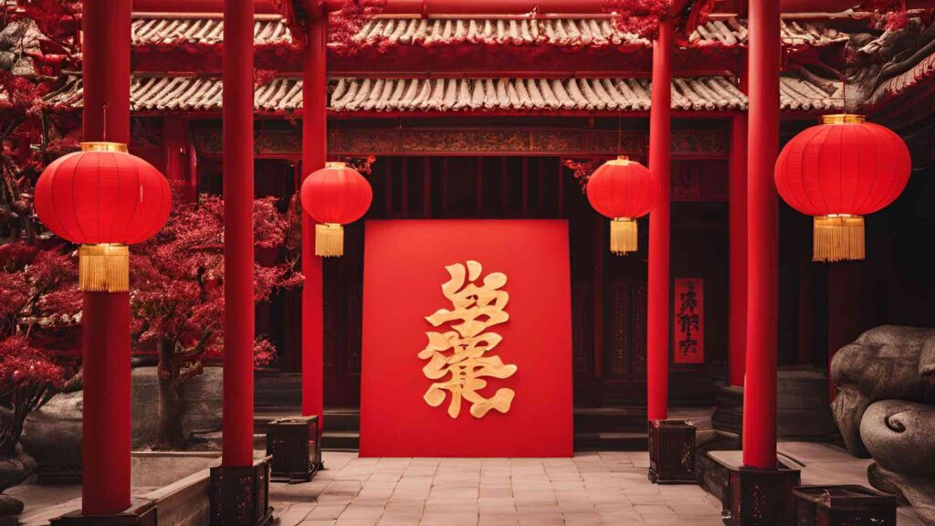 Stunning Chinese New Year theming outside with hanging banner and paper lanterns