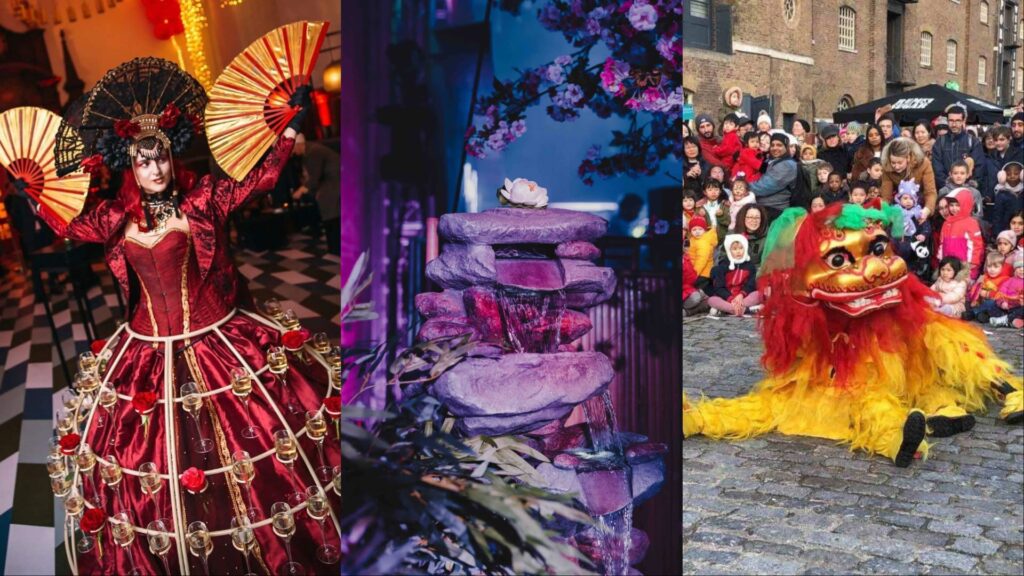 Collage of Chinese New Year theming and entertainment