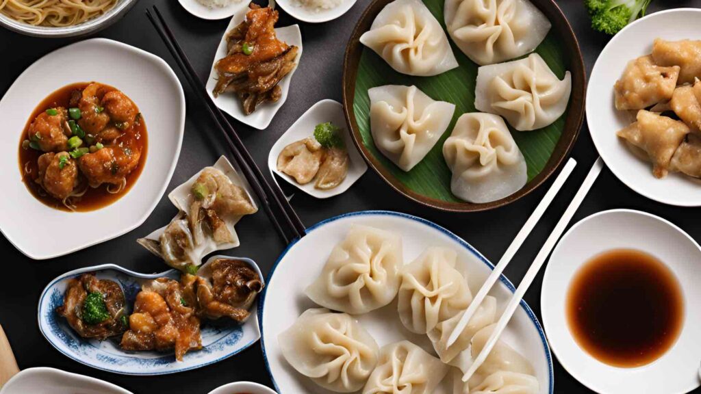 A platter of authentic chinese new year food such as dumplings, noodles and fish ai generated.