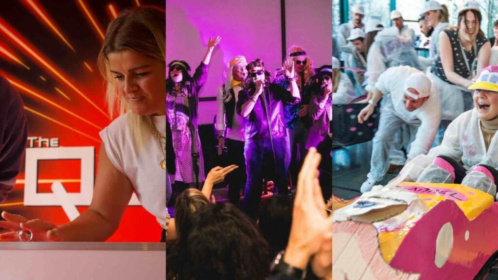 Collage of team-building entertainment for Interactive conference ideas
