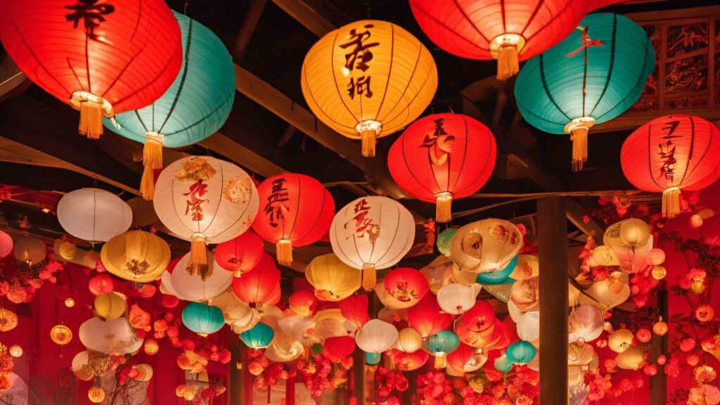 Gorgeous colourful paper lanterns hanging at a Chinese New Year event