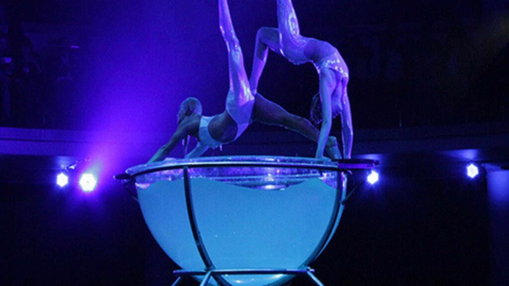 Duo of water bowl contortionists entertaining at an event