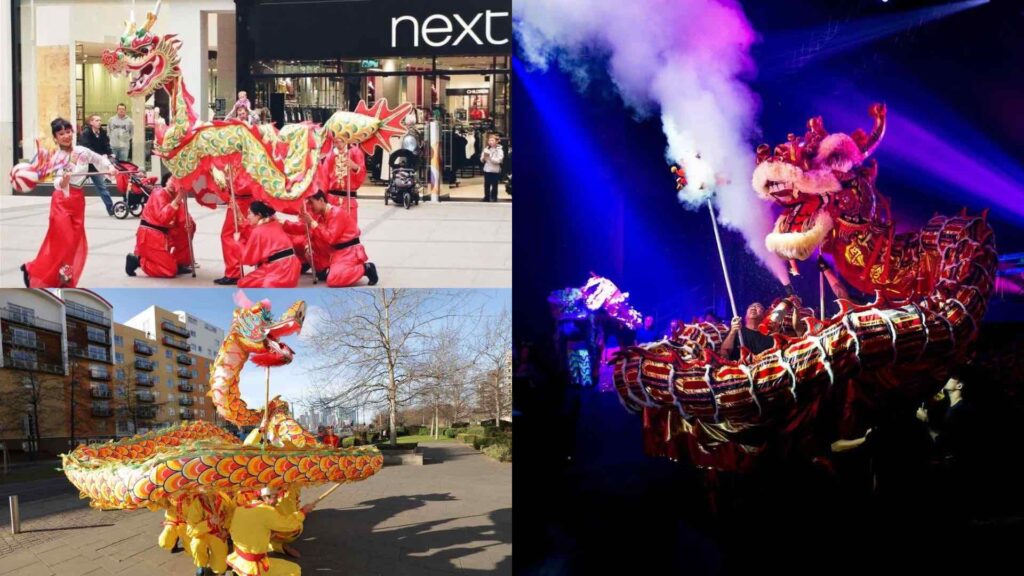 Dragon dancers at different location in cities across the UK for Chinese New Year celebrations.