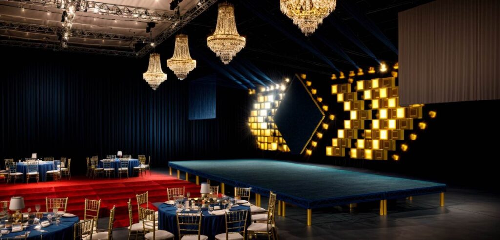 An event stage render for a Gala Dinner conference event.