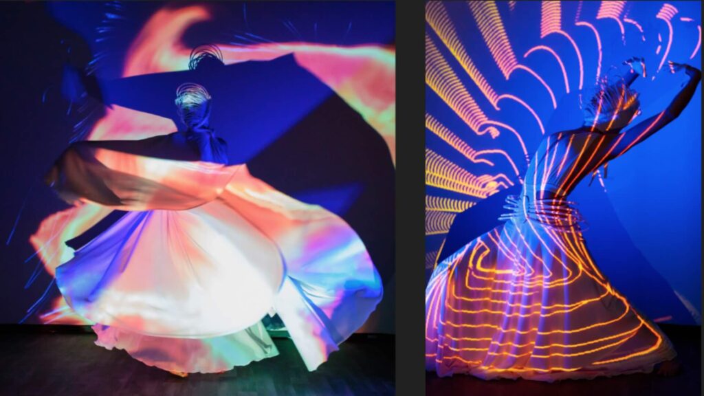 Unique entertainers in front of digital screens