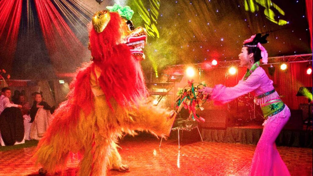 Lion dancer and performer at a Chinese New Year event