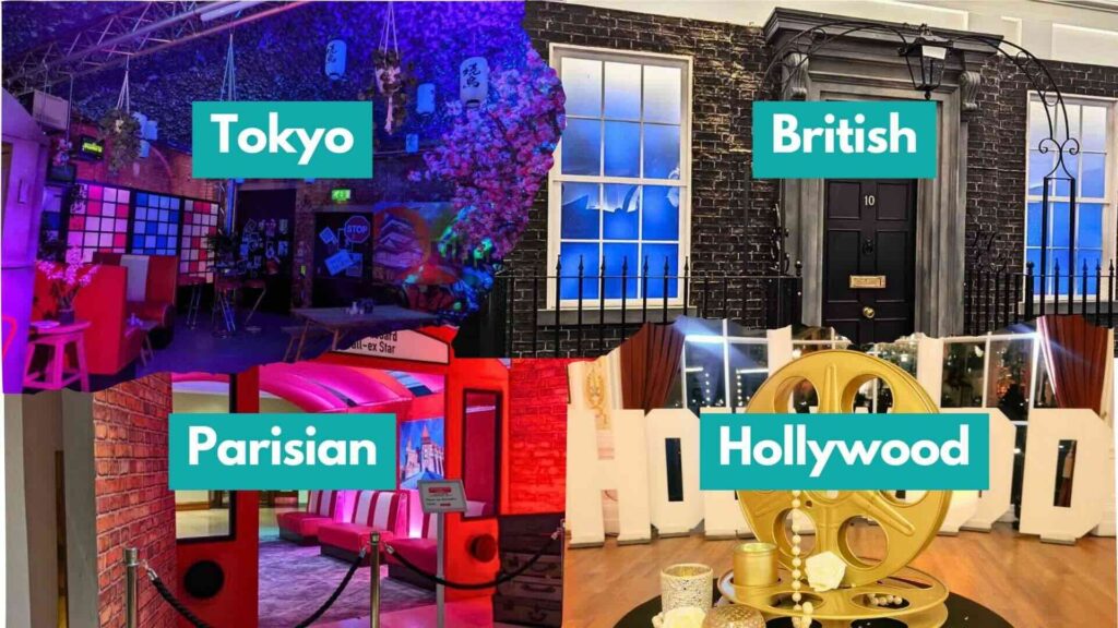 Collage of around the world themed event spaces.