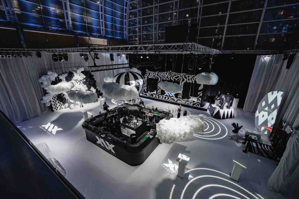 A stunning black and white dream circus event shot from above