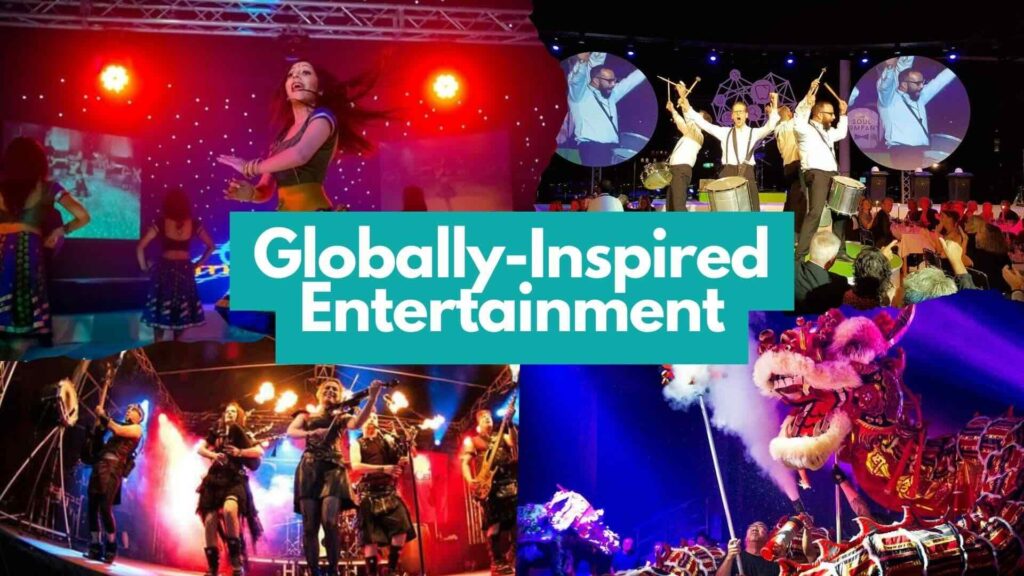 Collage of globally-inspired entertainment including bagpipe players and samba drummers.