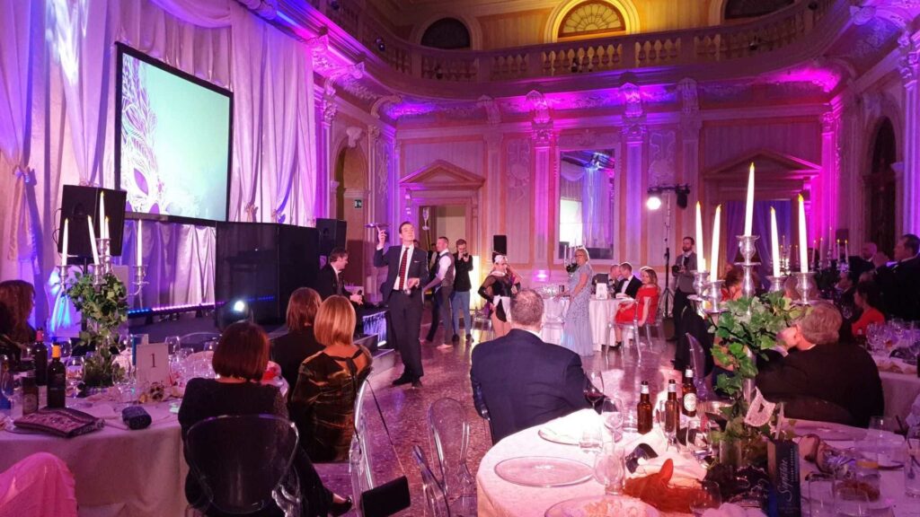 A refined hall with pink lighting and refined decor