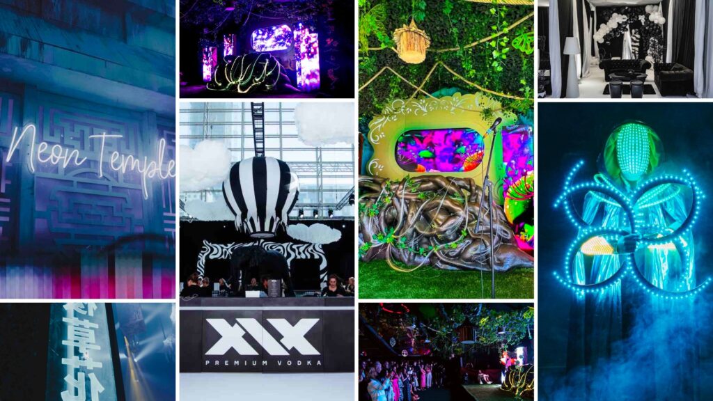 A mix of different event themes in a collage design, from enchanted garden to neon tokyo