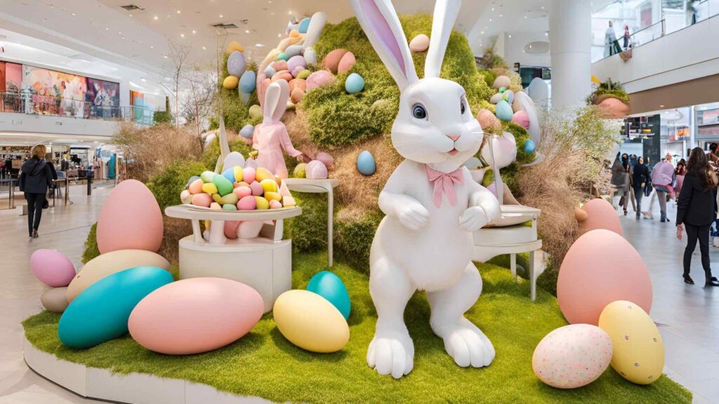 Easter event theming design concept showcasing bunny and egg retail display design to attract shoppers.