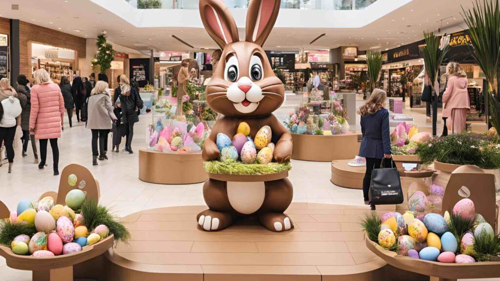 Chocolate Easter bunny concept holding eggs for retail activation created by Canva AI.