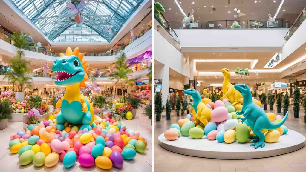 Dinosaur themed Easter concepts for retail and shopping centres created for easter event theming by AI.