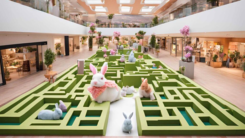 An Easter activation idea concept featuring green maze and giant bunnies designed by AI.