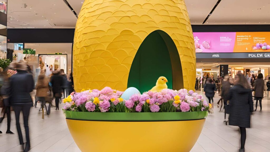 Yellow large egg with chick sitting inside, canva ai concept created for Easter display ideas.