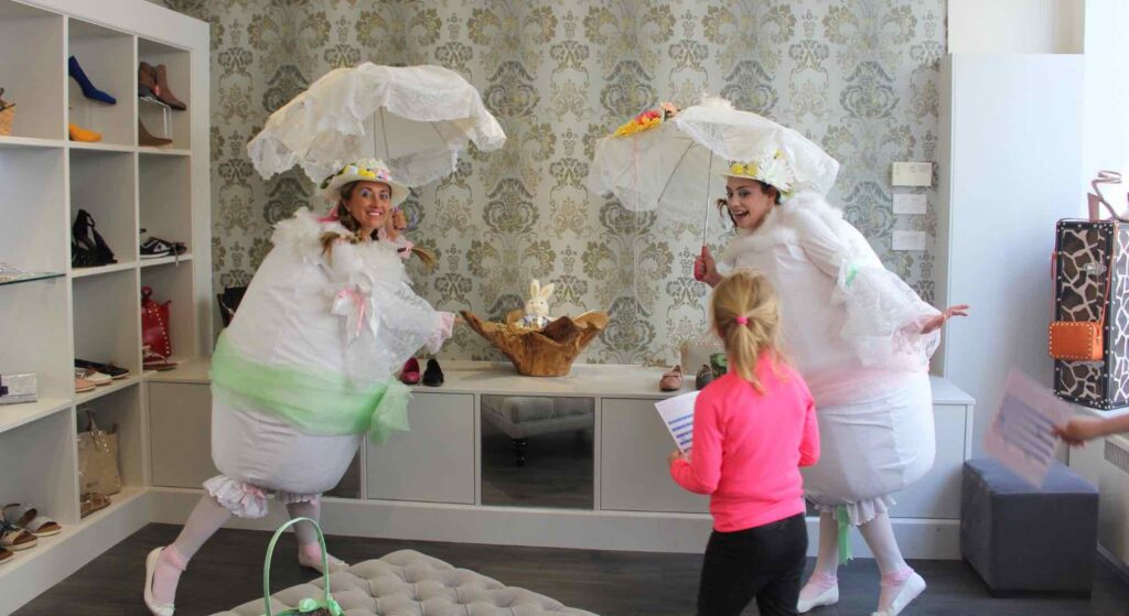 Egg themed Easter performers at BID retail activation.