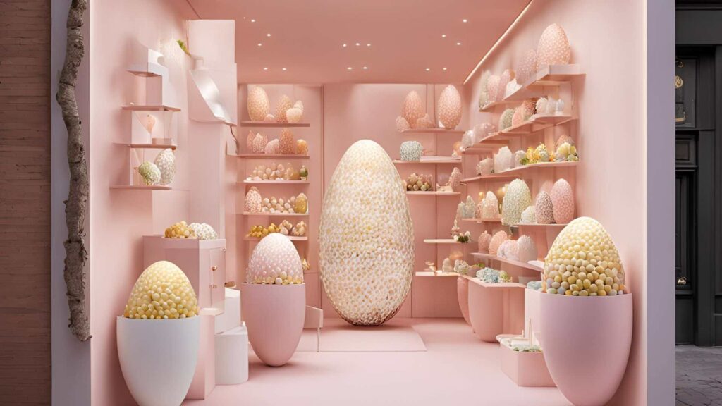 Egg themed pop up shop concept created by AI for Easter retail and brand activaitons.