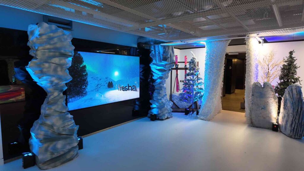 We transformed the Fresha office with Winter Wonderland theming and bespoke prop design for their Christmas event including custom branding.