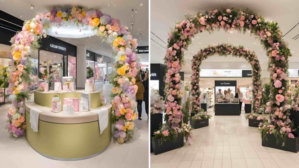 Gift Wrapping Station concept with floral arches for luxury Easter brand activations in retail centres. Created by Ai.