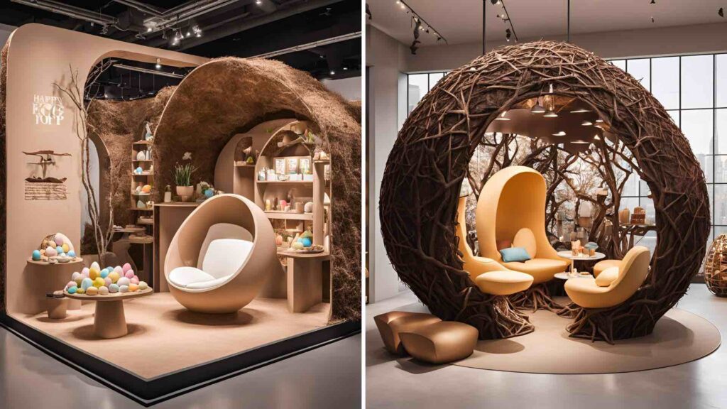Nest inspired concept design with seating areas created for Easter retails spaces by Canva AI.