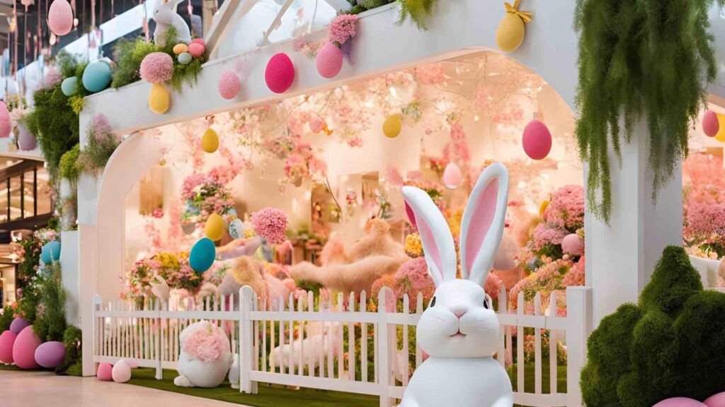 Spring themed window display with bunnies and flowers created for Easter shopping centre design by Canva Ai.