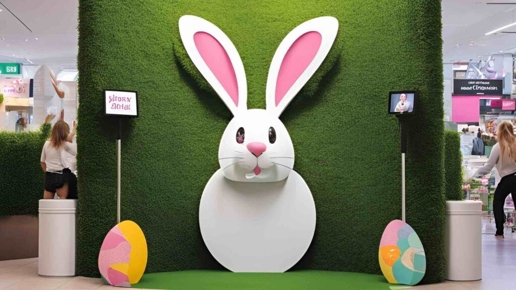 A simple white bunny photo booth concept designed for an Easter shopping centre activation using AI.