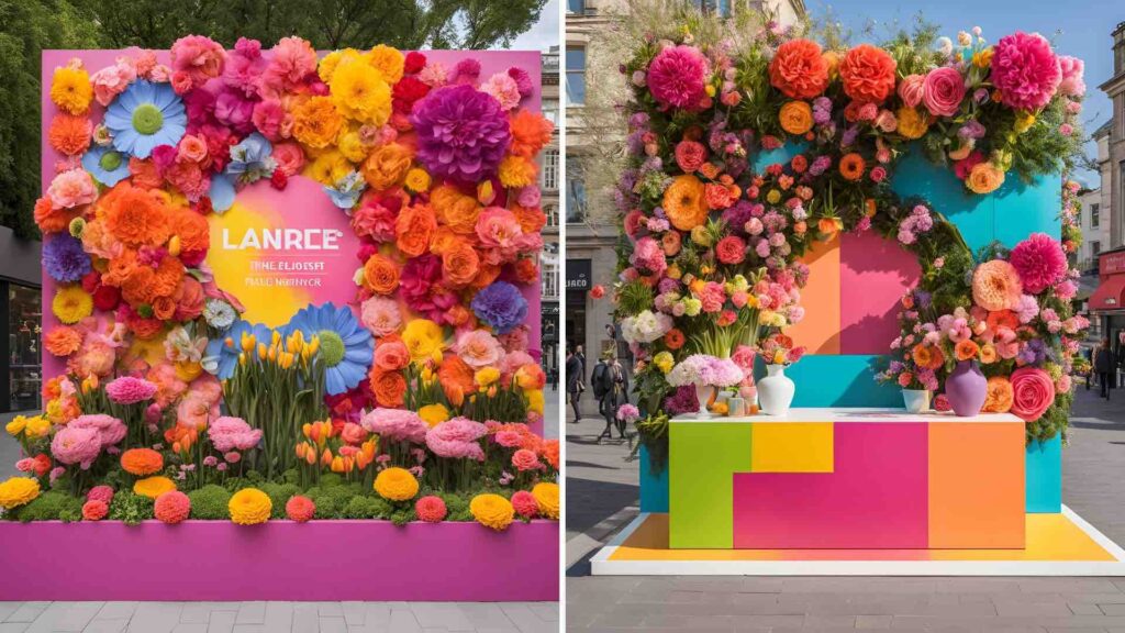 Vibrant flower exhibition and brand stall concepts created by Canva Ai for Easter activation ideas.