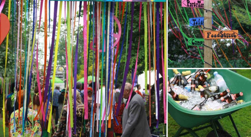 Mini-festival decorations, beer wheelbarrow bucket and guests enjoying this company event.