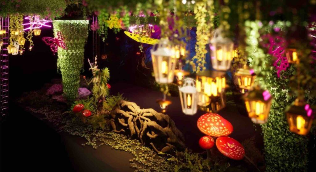3D visual render of props and theming for an enchanted garden stage event design including mushrooms, lights and foliage.