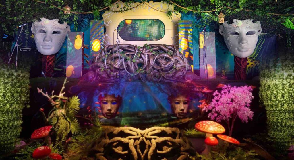 Concept to real life image of an enchanted garden festival style stage created for a themed event on a private island party. 