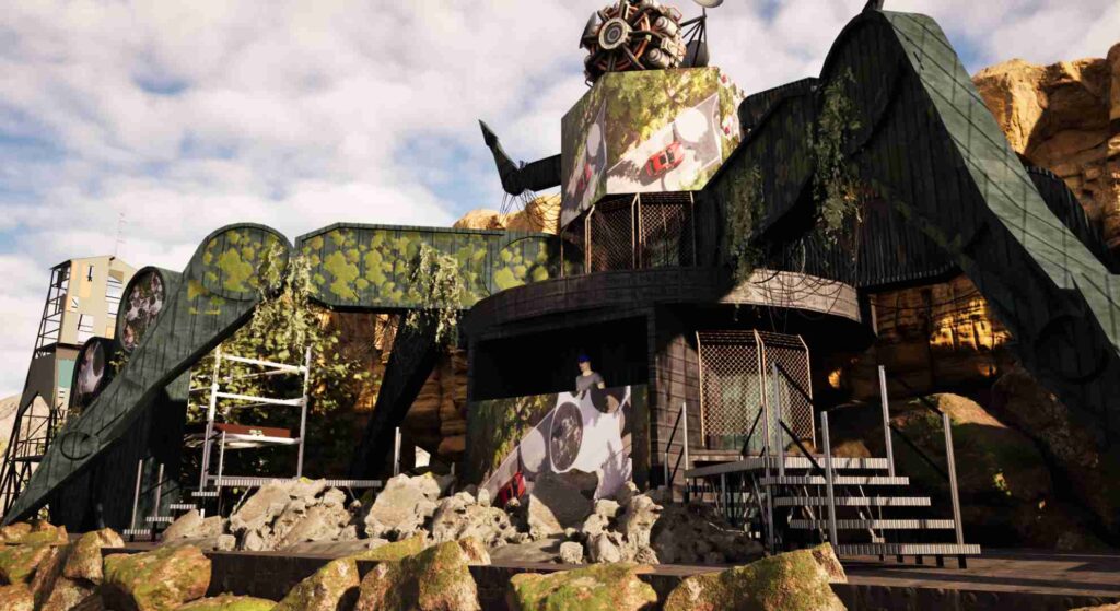 Festival style stage design render showing a dystopia mechanical stage with robot like features in a baron landscape, ideal for immersive large scale festivals. 