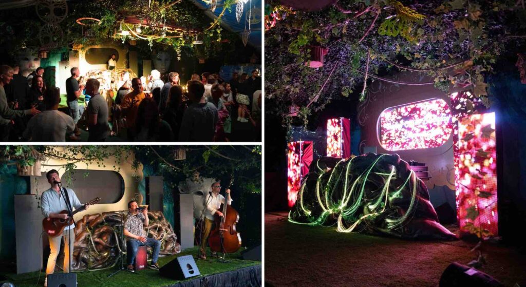 The enchanted garden festival style stage in three different views created for a private island client summer event. 