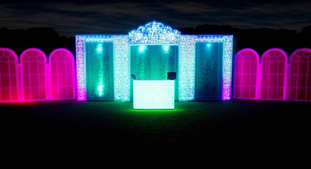 A bespoke stage design lit up with neon colours for a mini-festival.