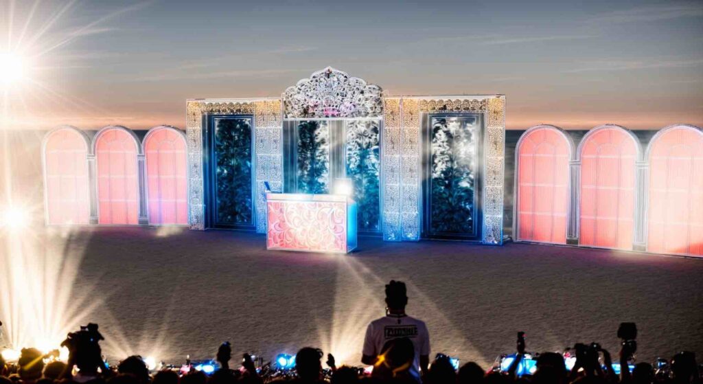 French affair festival style stage render showcasing lighting and visuals for clients at corporate events. 