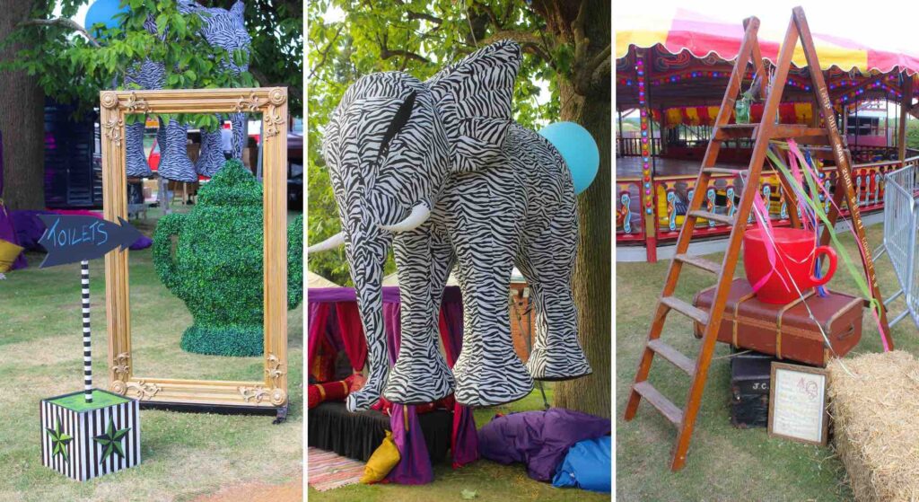 Fun props and styling at a corporate mini-festival event including elephant and teacups.