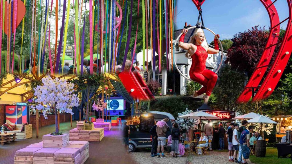 Mini festival hire images including aerialist, festival theming and food trucks.