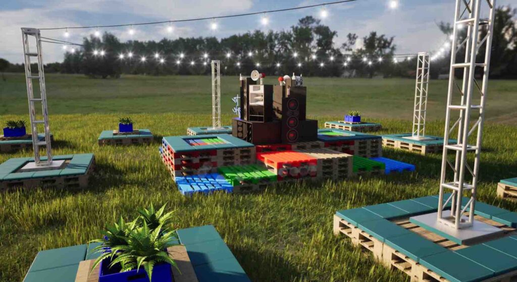 A small festival stage design with surrounding pallet seating and festoon lighting that reacts to the music. 