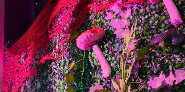 Mushroom props used for an enchanted forest theme event.