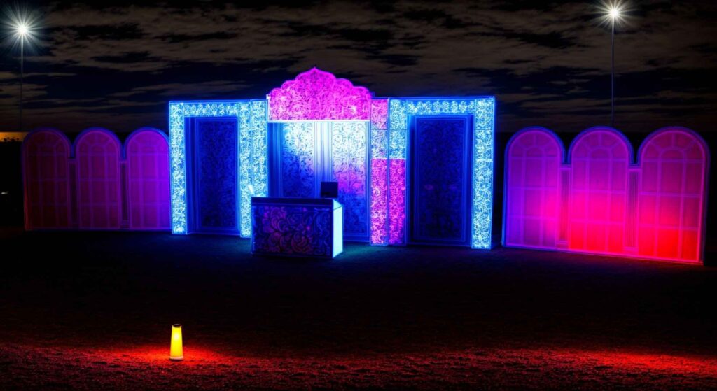 A nighttime render of a festival theme design with pink and blue lighting showcasing a luxurious stage design with white lattice and luxury detailing.
