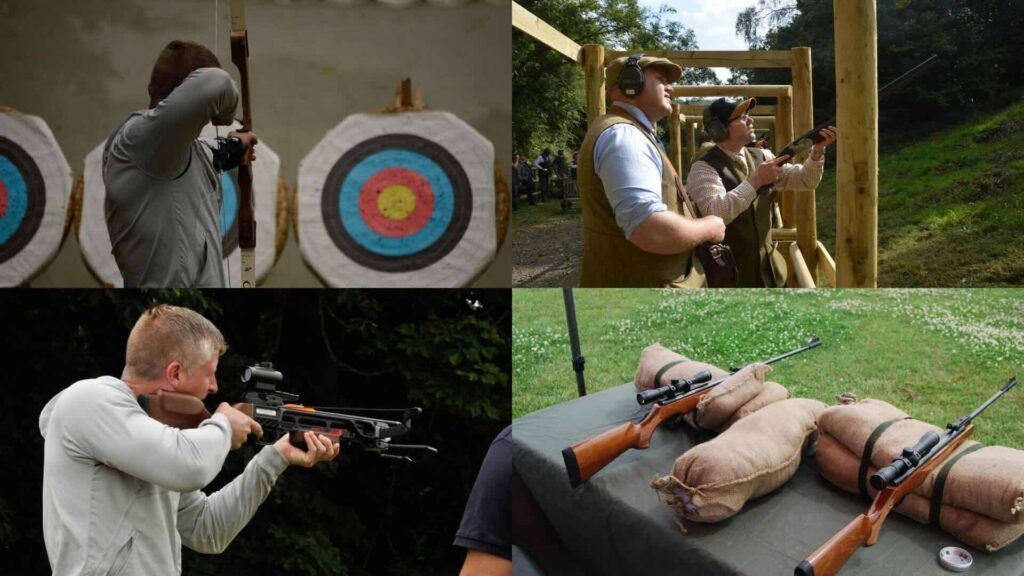 Collage of shooting team building activities including archery, clay pigeon shooting, crossbows and air rifles.
