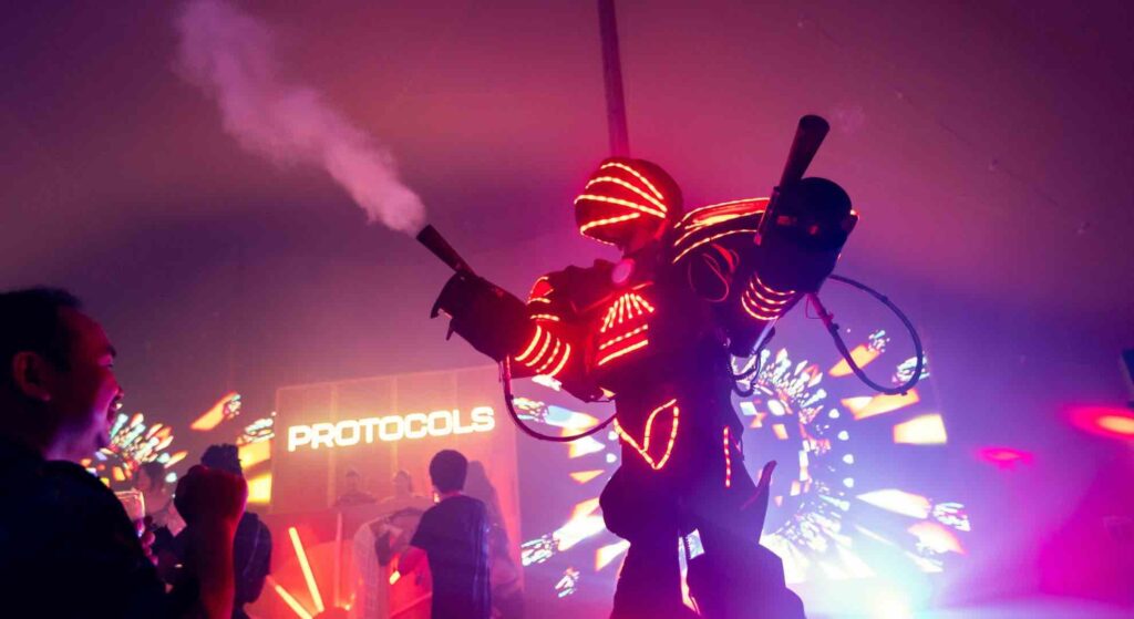 LED robot entertainment at corporate festival event entertaining crowds.