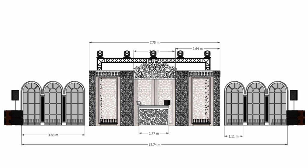 Technical drawing of a stage festival style build called 'the french affair.'
