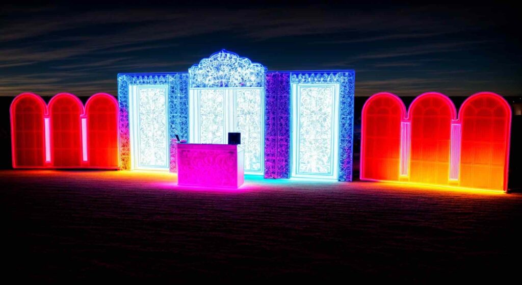 French affair small festival stage design lit up by pink and orange lights in a design render.