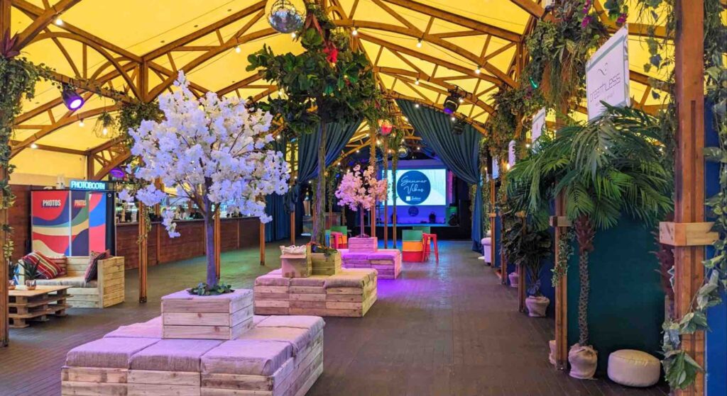 Summer themed event space for corporate mini gathering.