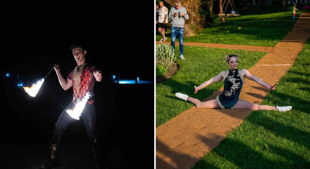 Walkabout roaming fire performer and contortionist performing at small festival event.