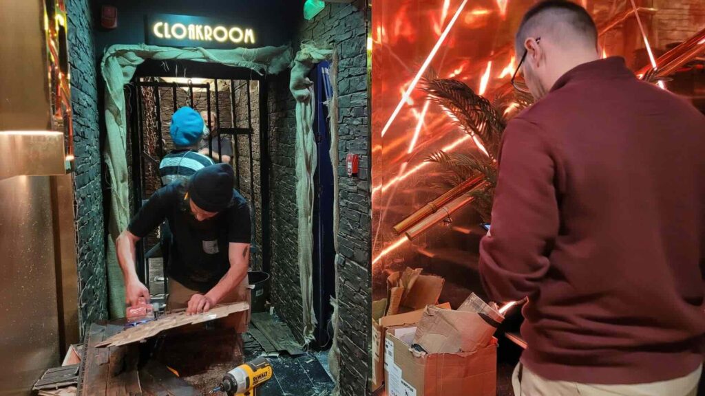 Transforming the London Reign cloakroom area with bespoke props.